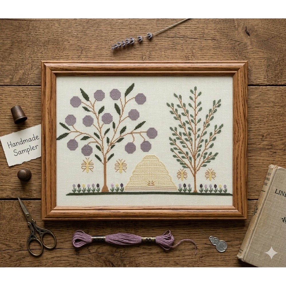 Handmade Shaker Cross Stitch Sampler Trees Beehive Primitive Folk Art Framed